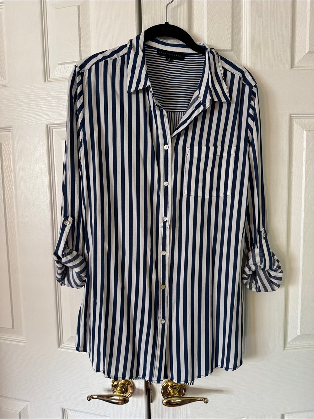 Jane and Delancey Navy and White Vertical Stripe Blouse